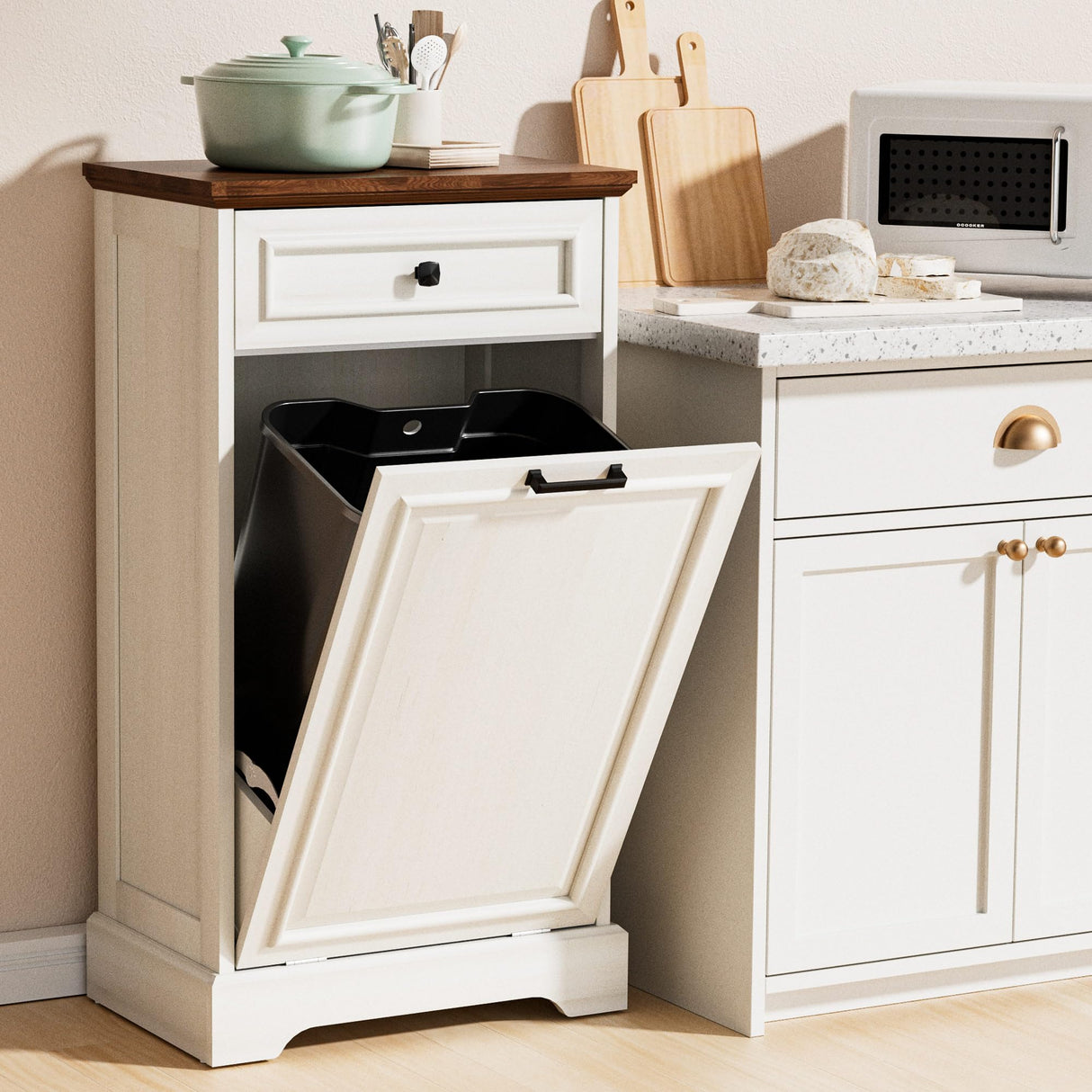 AHB 13 Gallon Tilt Out Trash Cabinet Kitchen Waste Bins, Laundry Hamper Tilt Out Pet Proof Hidden Trash Bin for Kitchen Living Room, Antique White and Brown AHB