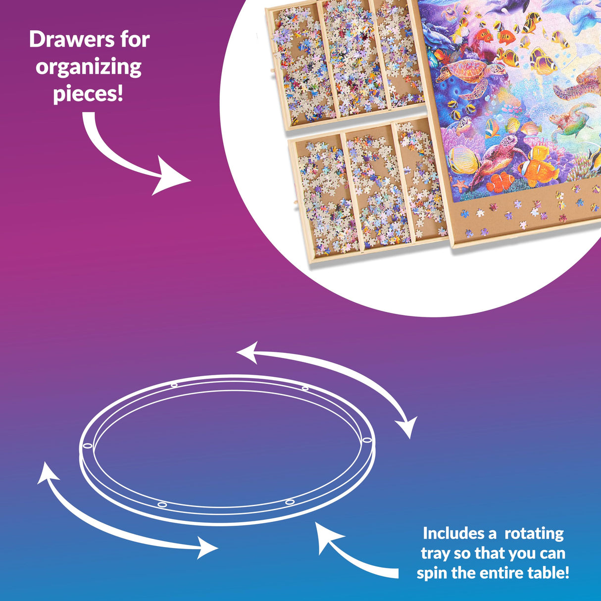 Buffalo Games - Wood Puzzle Table - Jumbo Size Fits Up to 2000pc Jigsaw Puzzles - Storage Drawers with Dividers for Pieces - Preassembled Except Drawer Handles Buffalo Games