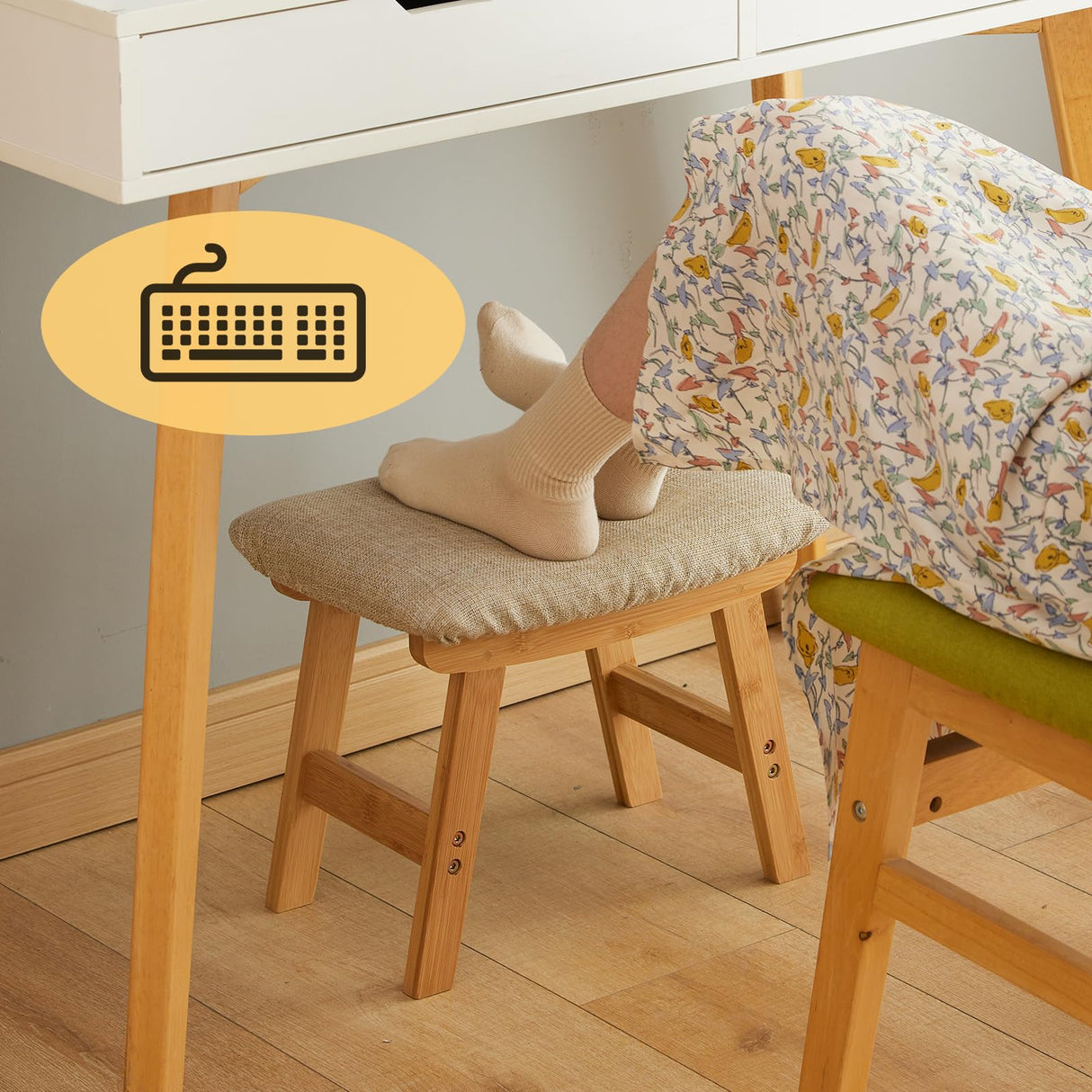 Foot Stool,Ottoman Foot Rest,Bamboo Foot Stool Under Desk,Small Stool for Living Room, Bedroom and Kitchen (Natural Legs - Beige Stool Surface) Furshus