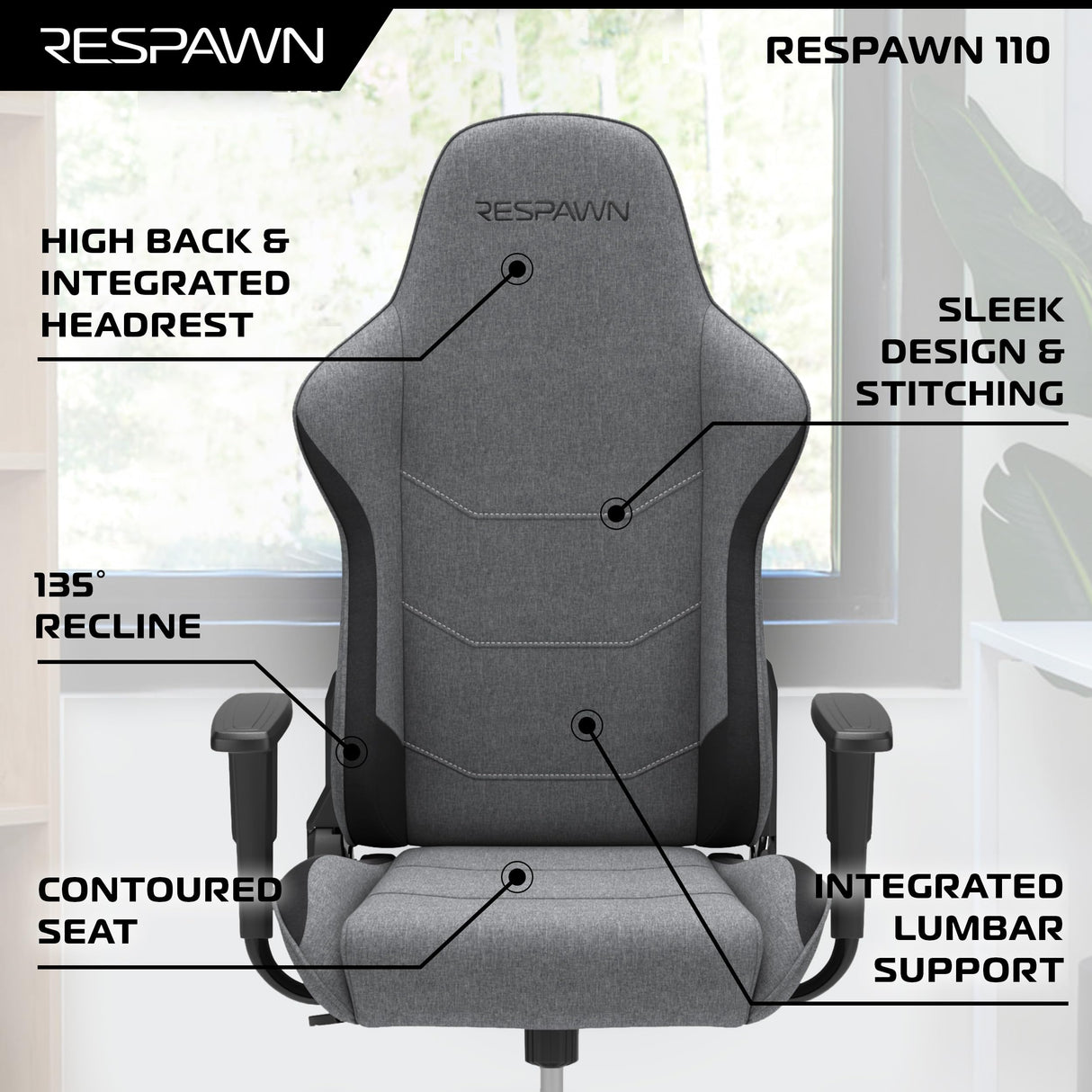 RESPAWN 110 Gaming Chair - Gamer Chair PC Computer Chair, Ergonomic Gaming Chairs, Office Chair with Integrated Headrest, Gaming Chair for Adults 135 Degree Recline with Angle Lock - Grey Fabric RESPAWN