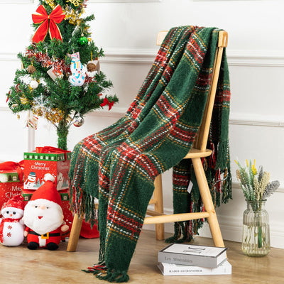 Quinnsus Christmas Throw Blanket | Soft Lightweight Green Plaid Christmas Throw Blankets | Faux Cashmere Checkered Blanket with Tassels for Christmas Home Decoration (50"x60")