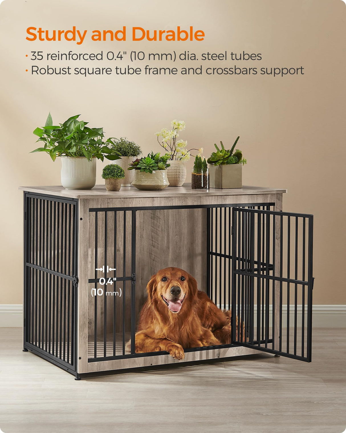 Feandrea Dog Crate Furniture, 43.3" Side End Table, Modern Kennel for Dogs Indoor up to 80 lb, Heavy-Duty Dog Cage with Enclosed Base, Double-Door Dog House, Heather Greige UPFC024G01 Feandrea