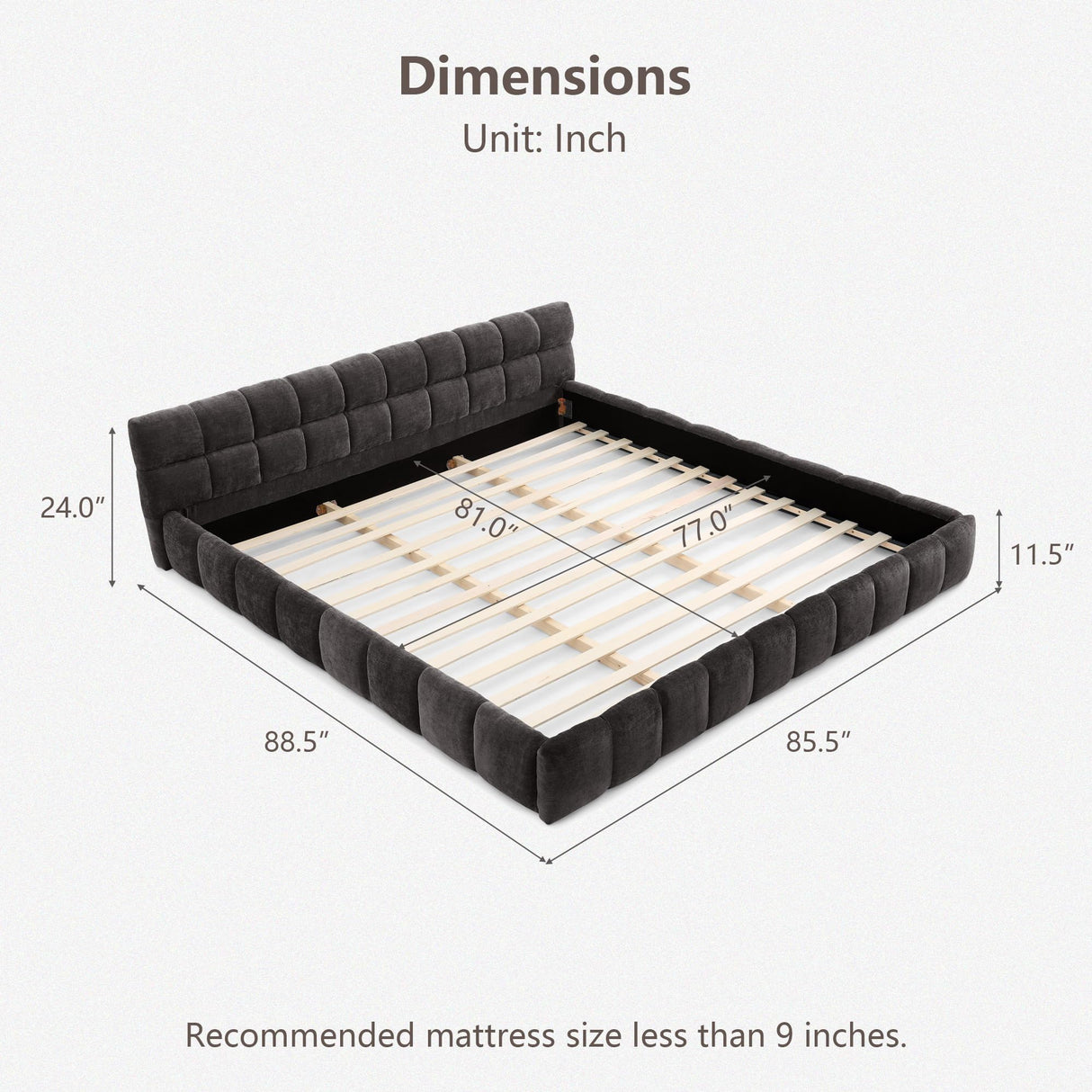 Olodumare King Grounded Bed Frame with Headboard, Cute Puff Grid Pattern Chenille Upholstered Platform Floor Bed with Sturdy Slats, No Box Spring Needed, Easy Assembly, Charcoal Grey Olodumare