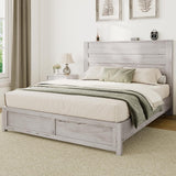 Albott Distressed White Queen Size Wood Platform Bed Frame with Stylish Headboard for Modern Farmhouse Decor Albott