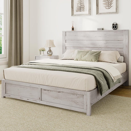 Albott Farmhouse Queen Size Bed Frame with 49" Slatted Headboard, Platform Bed with Wood Slat Support/No Box Spring Needed/Easy Assembly, Distressed White Albott