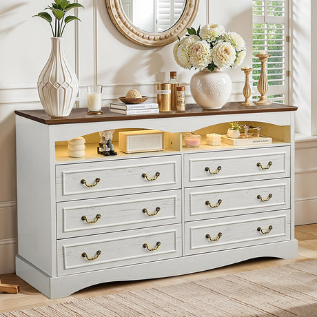 JanflyHome Vintage 6 Dresser for Bedroom, Farmhouse 6 Drawers Dresser with Open Shelves and LED Lights, 55" Wide Wood Rustic Chest of Drawers for Living Room, Hallway, Antique White JanflyHome