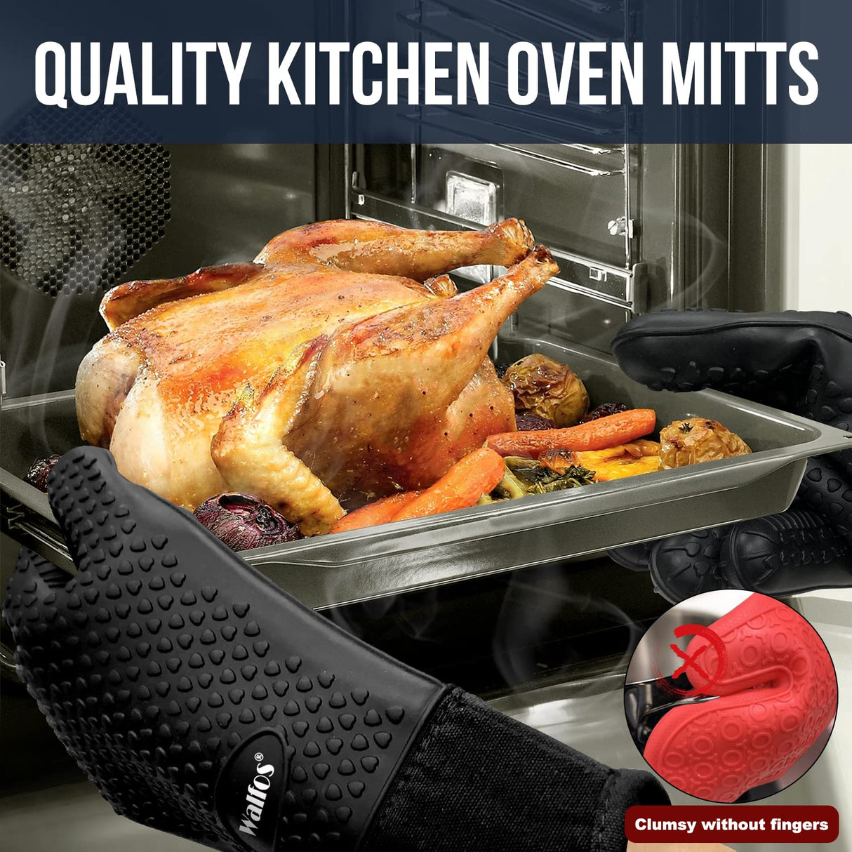 Walfos Silicone BBQ Gloves - Heat Resistant Grilling Gloves, Premium Non-Slip Kitchen Silicone Oven Mitt With Protective Cotton Layer Inside, Waterproof, Great for Grilling, Kitchen and Cooking, Black Walfos