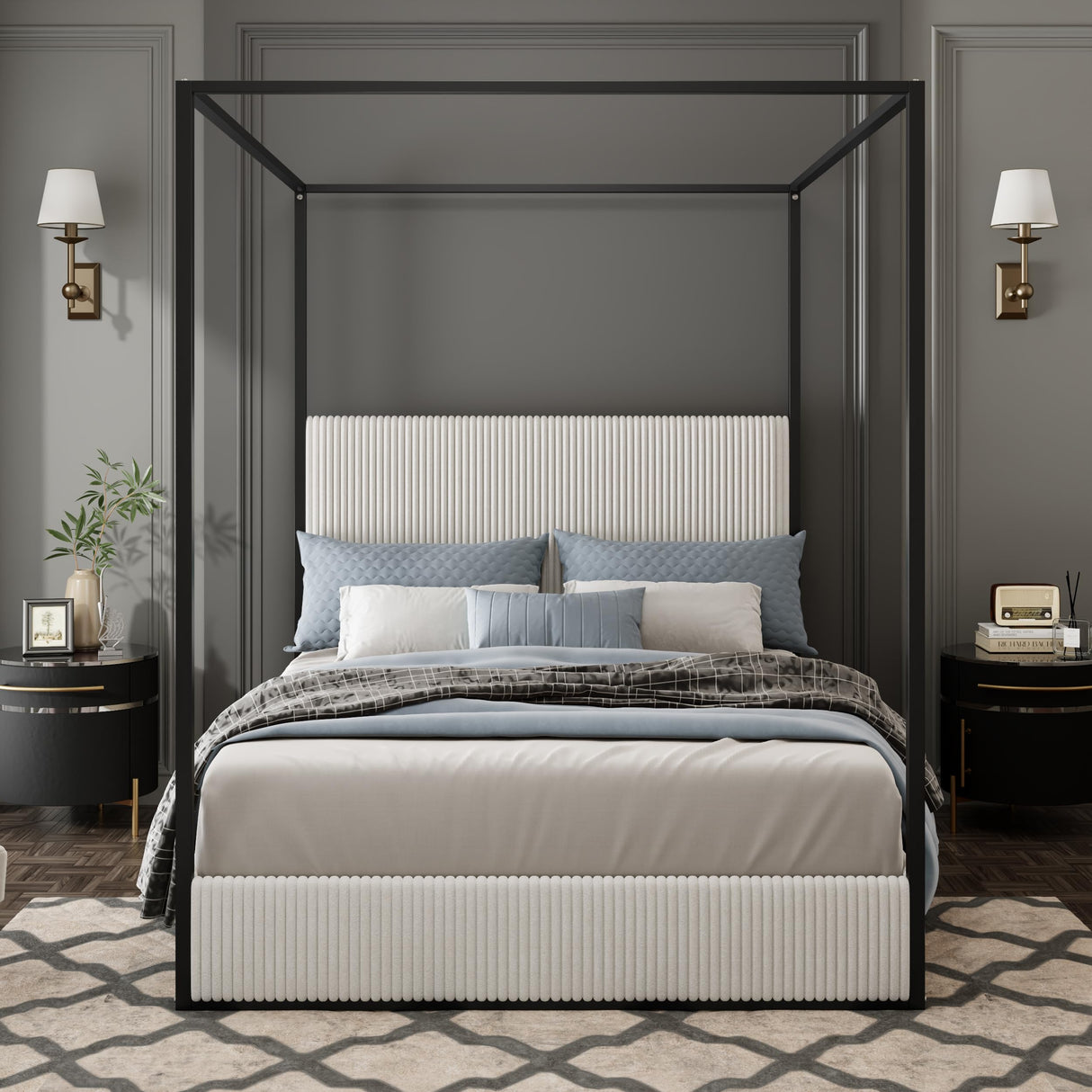 VilroCaz Modern King Size Canopy Platform Bed with Upholstery Channel Tufted Headboard, Metal 4-Poster Canopied Design Platform Bed Frame with Strong Slats Support (White+Black-King) VilroCaz