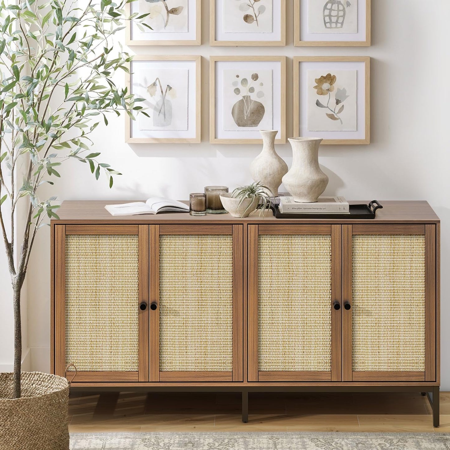 ZLWJGY Credenza Rattan Buffet Cabinet, Sideboard Storage Accent Cabinet with 4 Wicker Doors, Wide Modern Console Cabinet for Kitchen, Living Room and Dining Room, Walnut - WoodArtSupply