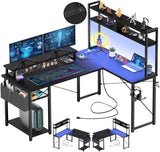 Aheaplus Small L Shaped Gaming Desk with LED Lights & Power Outlets, Reversible L-Shaped Computer Desk with Monitor Stand & Storage Shelf, Corner Desks Home Office Desk with Storage Bag, Black Aheaplus