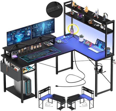 Aheaplus Small L Shaped Gaming Desk with LED Lights & Power Outlets, Reversible L-Shaped Computer Desk with Monitor Stand & Storage Shelf, Corner Desks Home Office Desk with Storage Bag, Black Aheaplus