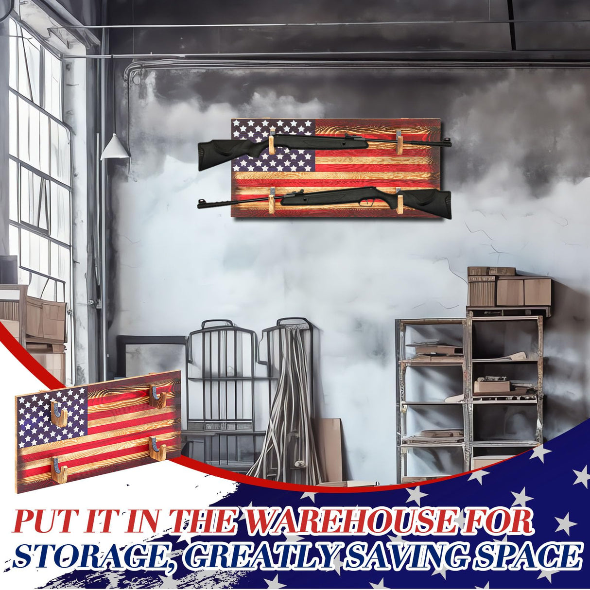 Colingmill Wall Mount Gun Rack Indoor Gun Rack for 2 Guns Wooden Gun Display Rack Wood Gun Storage Shelf with Flag Background Guns Wall Holder for Guns, Bows and Arrows Colingmill