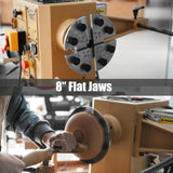 4.5" Woodlathe Chuck, Thread 1-1/4"x8TPI", Dovetail Jaws, Pin Jaws, 8" Flat Jaws, Step Jaws, Wide Jaws, Wood Screw, Thread adaptor to 1"x8TPI, Two Nylon Washers, Two Chuck Keys and T Handle Allen Key. BMWOOD