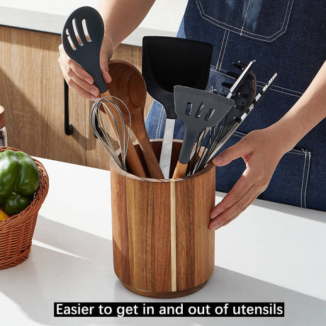LOHONER Acacia Wood Utensil Holder for Kitchen Counter, 360° Rotating 7.2" Large Cooking Utensil Holder, Kitchen Utensil Storage Organizer for Countertops, Farmhouse Kitchen Decor LOHONER