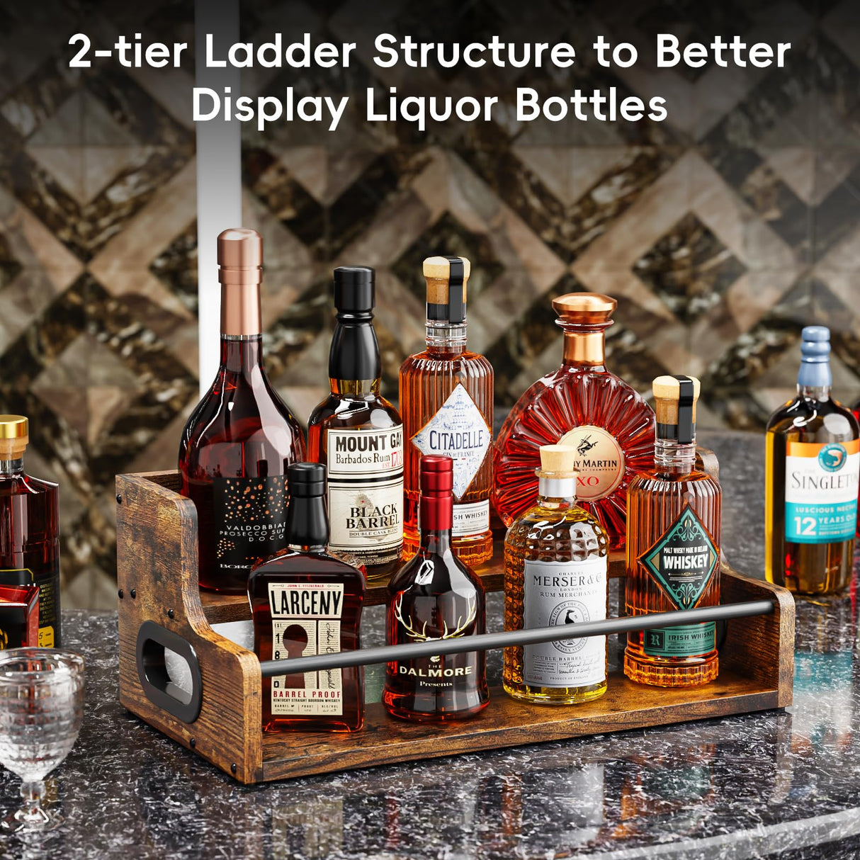KLM Liquor Bottle Display Shelf, Coffee Syrup Rack Organizer, 2 Step Countertop Liquor Wine Rack, mini bar,Liquor Cabinet, Home Retro Bar Shelf Stand for Liquor Whiskey, Spirits, Brown KLM