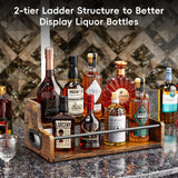KLM Liquor Bottle Display Shelf, Coffee Syrup Rack Organizer, 2 Step Countertop Liquor Wine Rack, mini bar,Liquor Cabinet, Home Retro Bar Shelf Stand for Liquor Whiskey, Spirits, Brown KLM