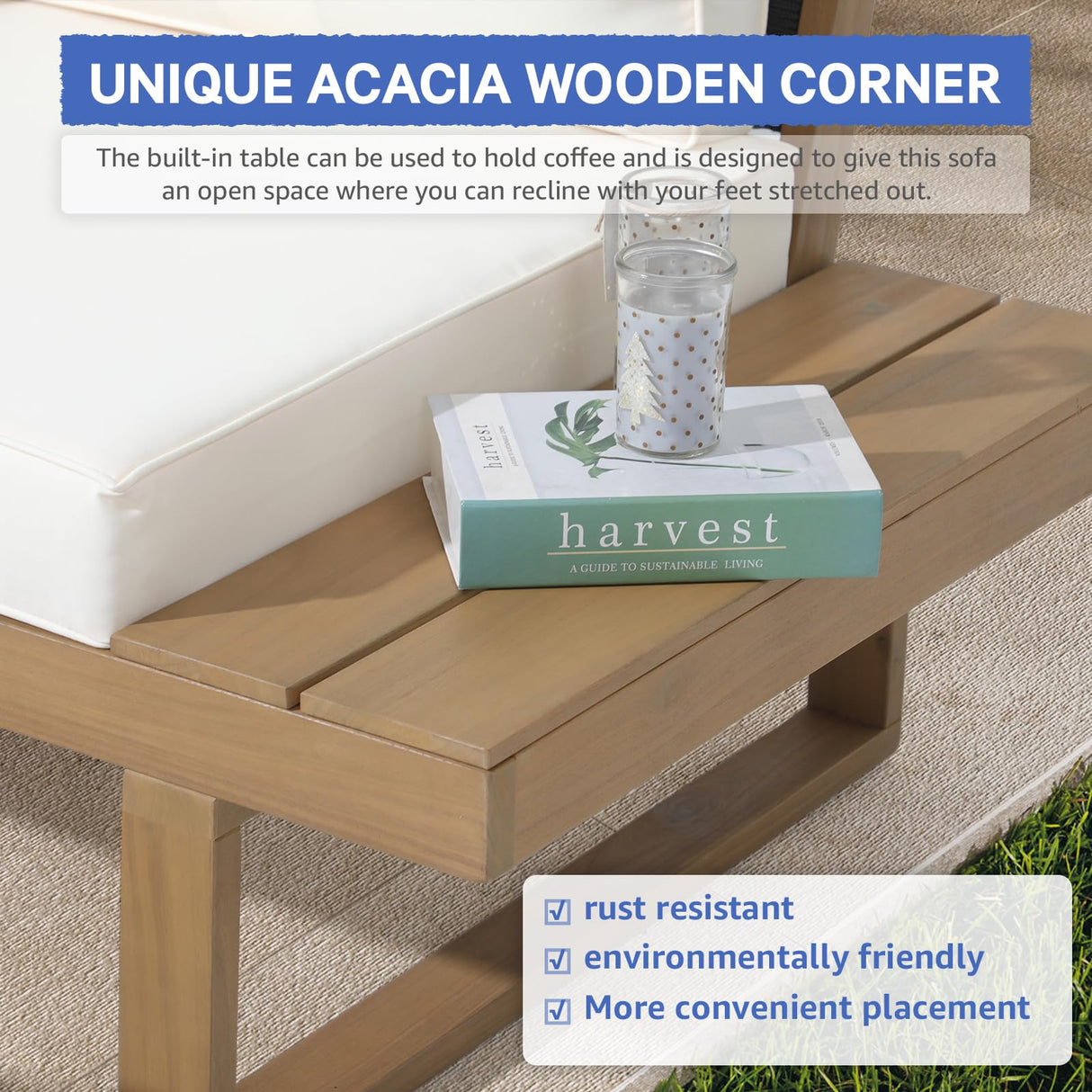 Soleil Jardin 4 Piece Acacia Wood Patio Furniture L-Shaped Outdoor Sectional Sofa Set with Coffee Table, FSC Certified Conversation Set with Built-in Side Table and Cream White Cushions for Garden Soleil Jardin