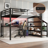 Metal Queen Size Loft Bed with Desk and Storage Stairs,Heavy Duty Loft Bed Frame Queen Size with LED Lights and Charging Station for Kids,Teens,Adults,Black Bellemave