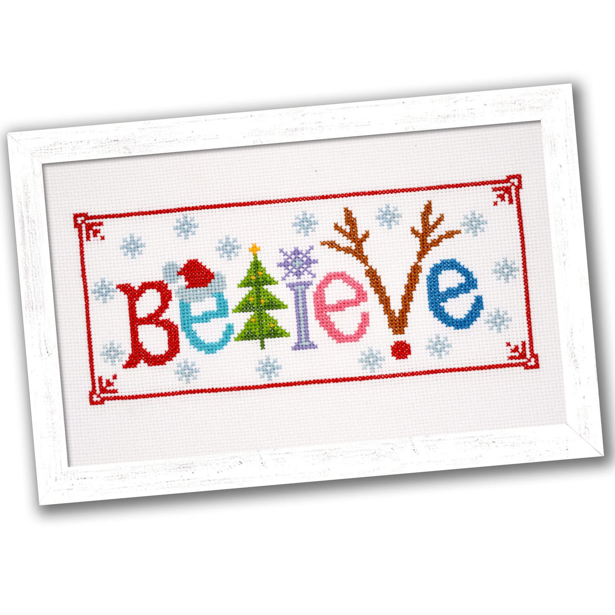 Counted Cross Stitch Kit 'Believe' - Embroidery Set for The Holidays, Encouragement, or Inspiring Everyday Possibilities with a Christmas Tree, Snowflake, Deer and Santa Hat Povitrulya