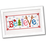 Counted Cross Stitch Kit 'Believe' - Embroidery Set for The Holidays, Encouragement, or Inspiring Everyday Possibilities with a Christmas Tree, Snowflake, Deer and Santa Hat Povitrulya