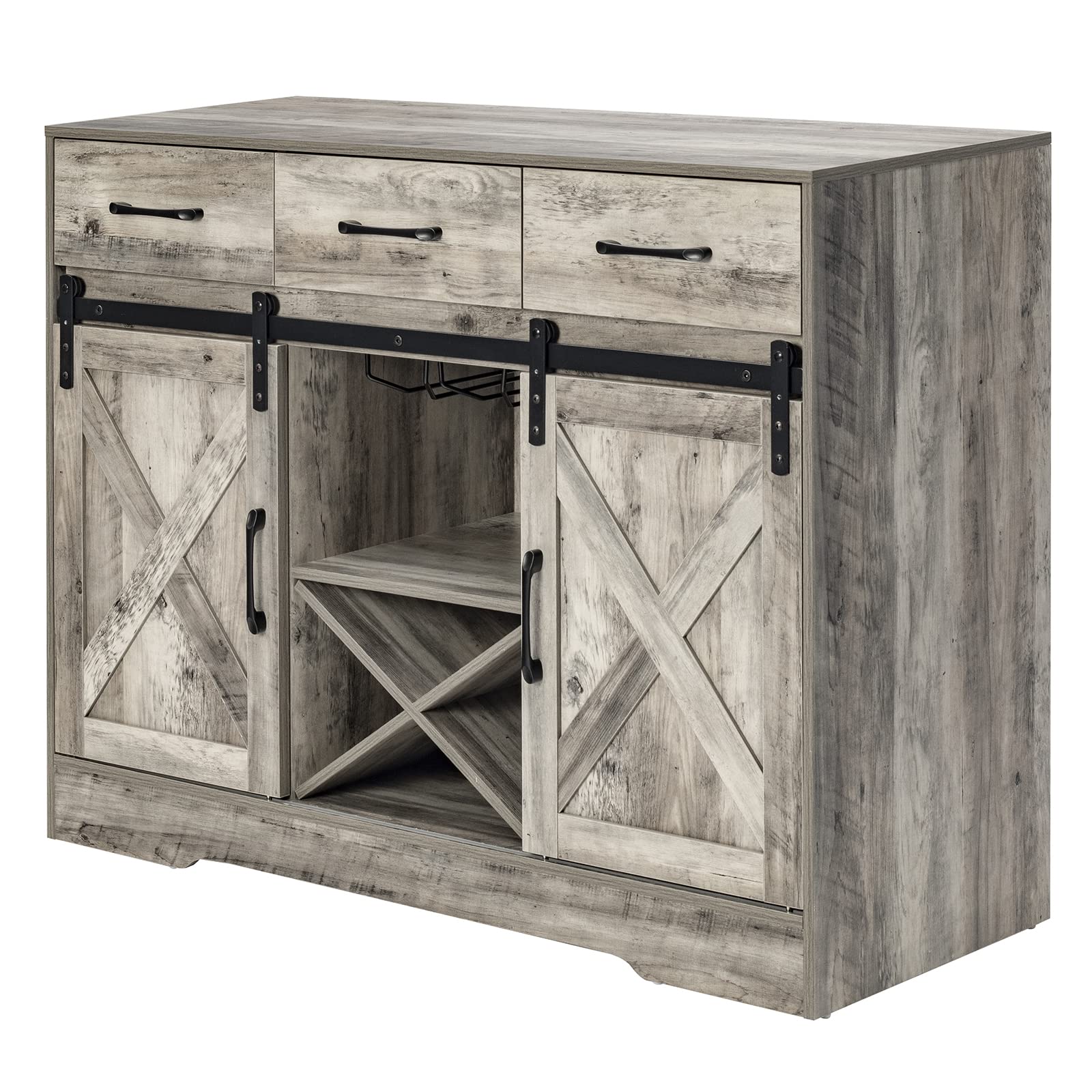 Chic Grey Farmhouse Wine Cabinet and Coffee Bar with Sliding Barn Doors and Ample Storage - WoodArtSupply