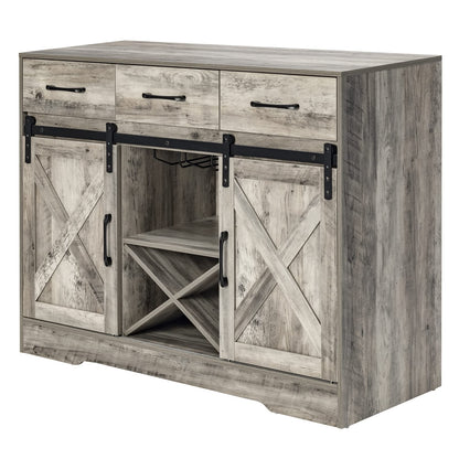 Chic Grey Farmhouse Wine Cabinet and Coffee Bar with Sliding Barn Doors and Ample Storage - WoodArtSupply