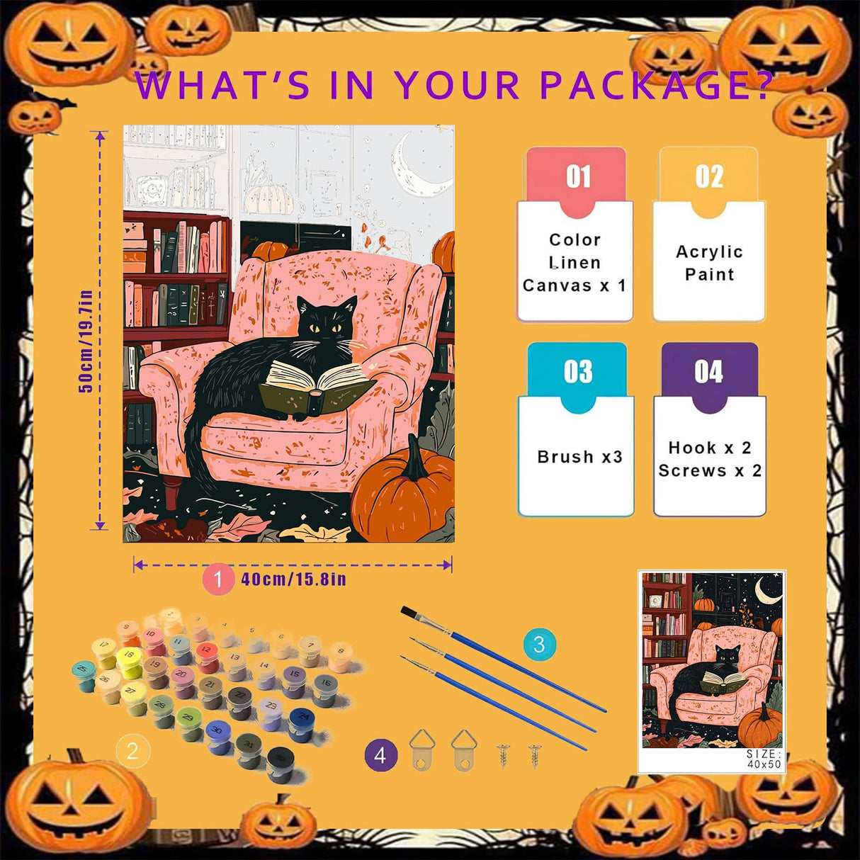 Black Cat Paint by Numbers for Adults, Halloween Paint by Number on Canvas Without Frame, DIY Pumpkin Oil Painting for Gift Home Wall Decor (16x20 inch) xackcme