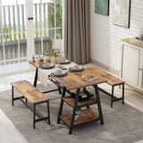 soges 3 Pieces Kitchen Dining Table Set for 4, Breakfast Table Set with 2 Benches, 4-Person Wooden Dinette with Wine Shelf and Glass Holder, Rustic Brown 10CZWKDS04TW140 soges