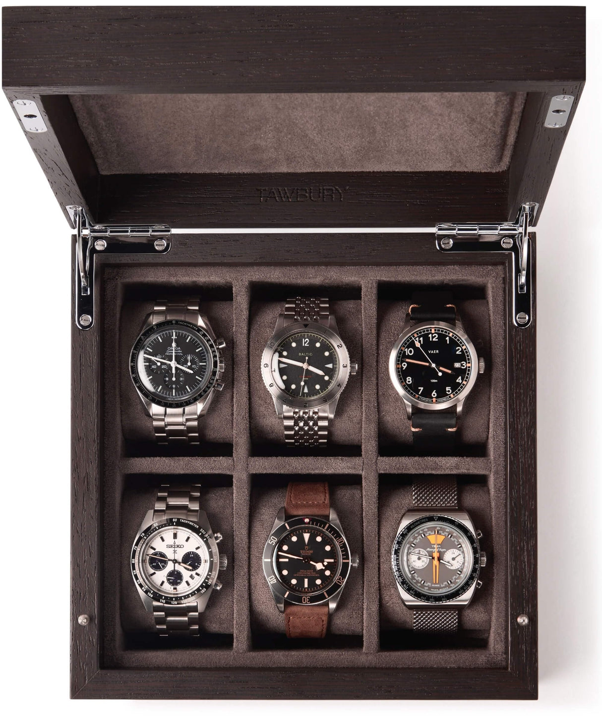 TAWBURY 6 Slot Wood Watch Box - Unisex Wooden Watch Box Crafted from Exquisite Kassod Wood | Compact Design, Fully Lined Interior, Soft-Close Metal Hinges, Push-Latch Locking System TAWBURY