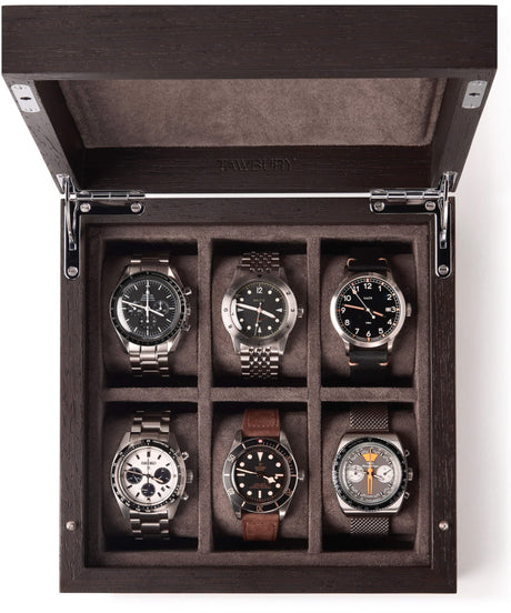 TAWBURY 6 Slot Wood Watch Box - Unisex Wooden Watch Box Crafted from Exquisite Kassod Wood | Compact Design, Fully Lined Interior, Soft-Close Metal Hinges, Push-Latch Locking System TAWBURY