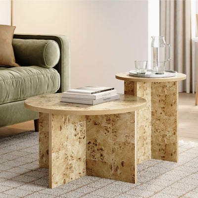 Burl Wood Round Nesting Coffee Tables - Modern Living Room Furniture - Organic Modern Drink Desk - Stylish Home Decor - 2 Piece Tables Set - Burl Top and Base