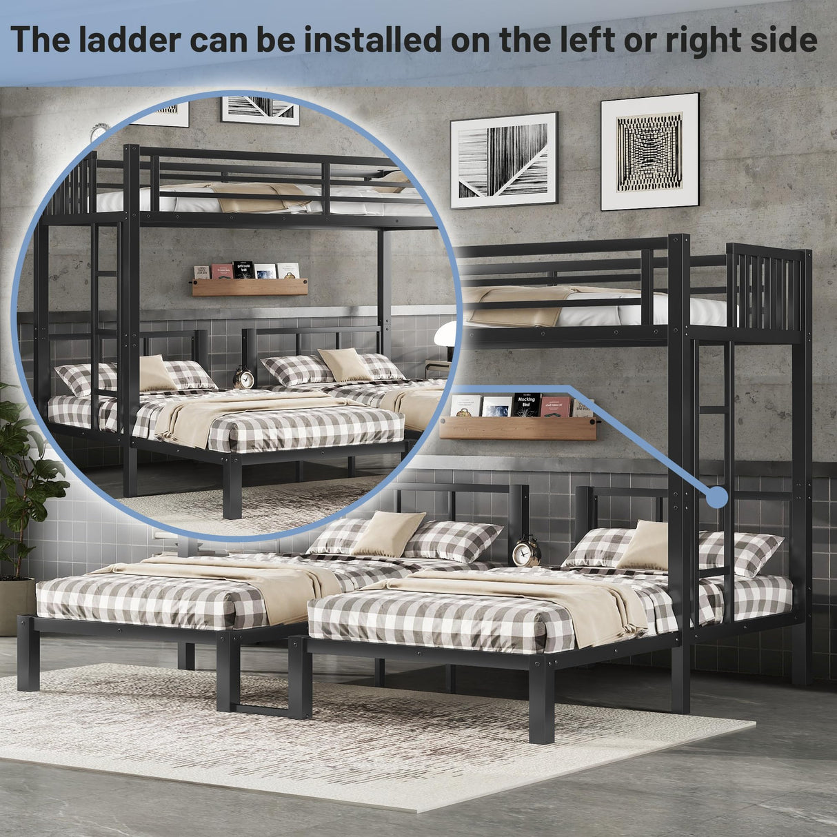 Mirightone Metal Triple Bunk Bed for Kids,Heavy Duty Triple Twin Bunk Bed with Ladder & Storage Shelf, Convertible 3 Bed Bunk Beds for Girls Boys Teens,Can be Separated into 3 Beds, Black Mirightone