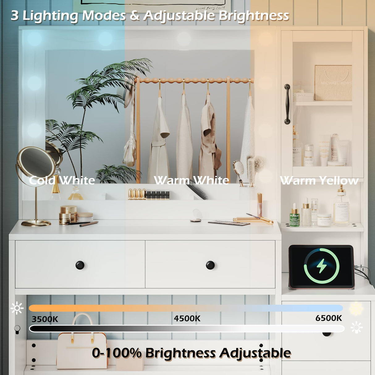 Makeup Vanity with Lights & Charging Station, White Vanity Table with 5 Drawers & Open Storage Shelves, Vanity Desk with Mirror & Lights, Dressing Table Set, Bedroom Makeup Table Set Black Handle TOKSOM