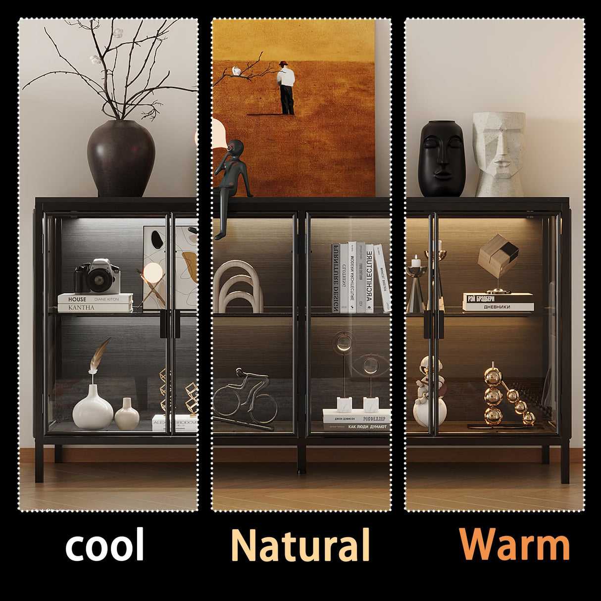 HOMSETTIE Glass Display Cabinet with LED Lights & Glass Shelves, Modern Curio Display Storage Cabinet with 4 Shelves for Collections, Trophies, Black HOMSETTIE