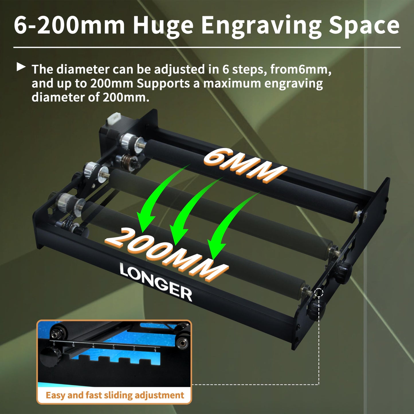 LONGER Laser Engraver Rotary Roller, Y-axis Rotary Roller 360° Rotation for Laser Engraver Engraving Cylindrical Objects Tumblers Cans Cups Bottles, Adjustable 6-200mm Diameters - WoodArtSupply
