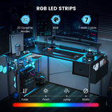 DOMICON L Shaped Gaming Desk, 63 Inch Computer Desk with Adjustable Stand & RGB Lights, Corner Desk for Power Outlet, Carbon Fiber Texture, Gaming Room DOMICON