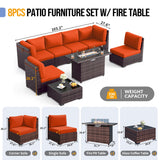 Poteban Outdoor Patio Furniture Set with 44" Fire Pit Table 8 Pieces Rattan Patio Sectional Sofa Conversation Set w/55000 BTU Propane Gas Fire Pit, Coffee Table, 2 Waterproof Covers, Orange Poteban