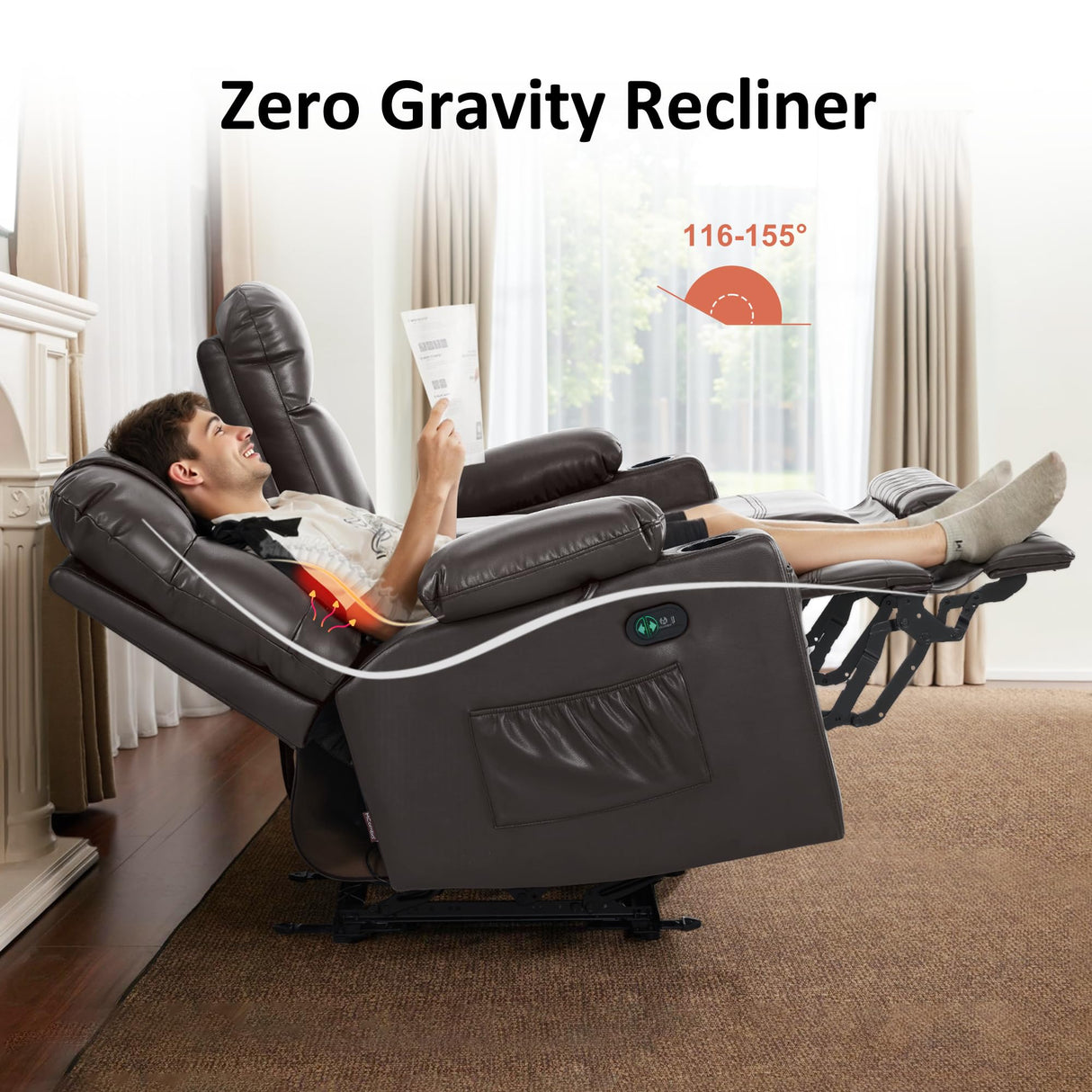 MCombo Zero Gravity Power Loveseat Recliner with Console, Heat and Vibration Massage, Reclining Loveseat Sofa with USB Ports, Cup Holders for Living Room, Faux Leather PR622Sets (Dark Brown) MCombo