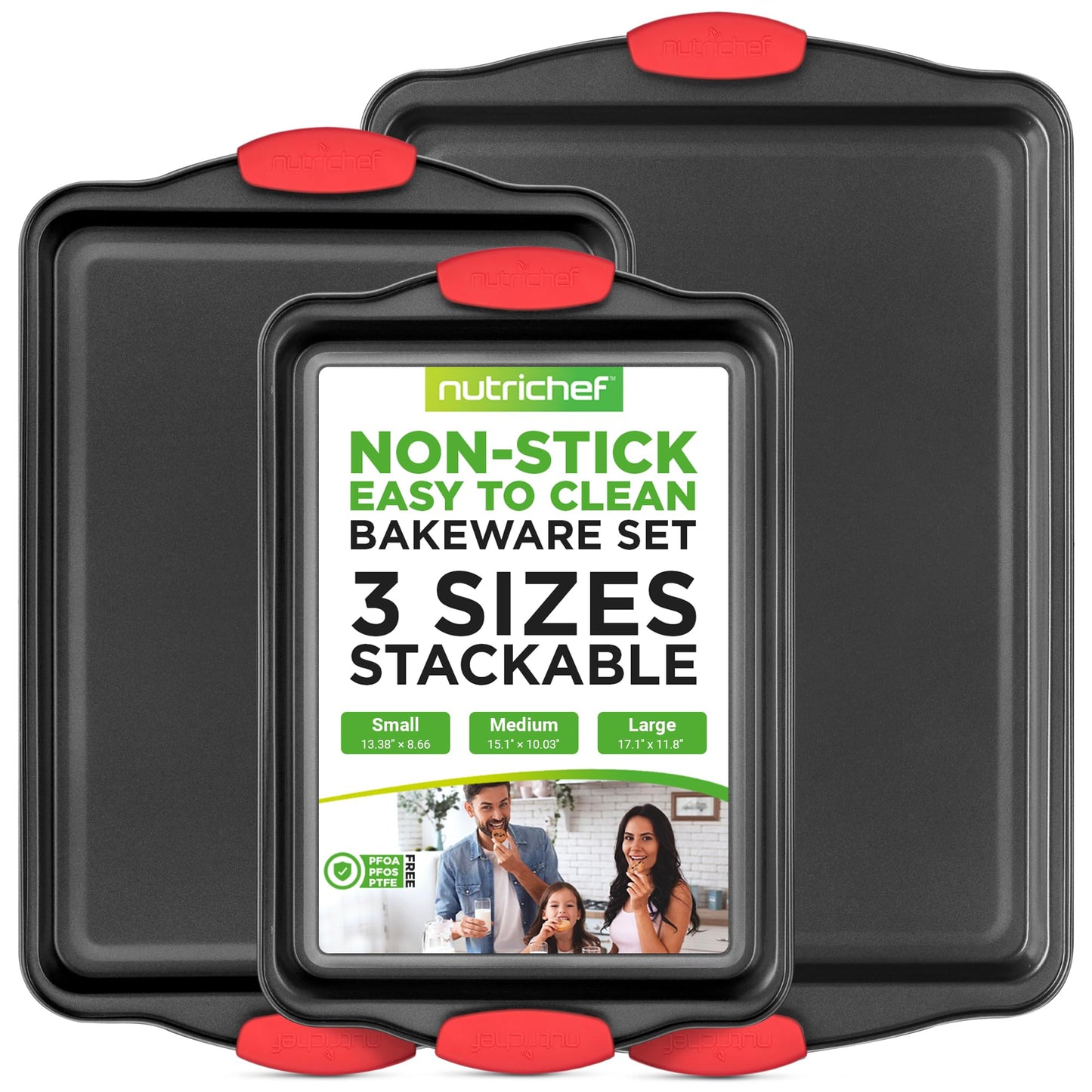 NutriChef 3-Piece Nonstick Kitchen Oven Baking Pans - Premium & Stylish Non-Stick Steel, Commercial Grade Restaurant Quality Metal Bakeware with Red Silicone Handles - Easy to Clean, NCSBS3S