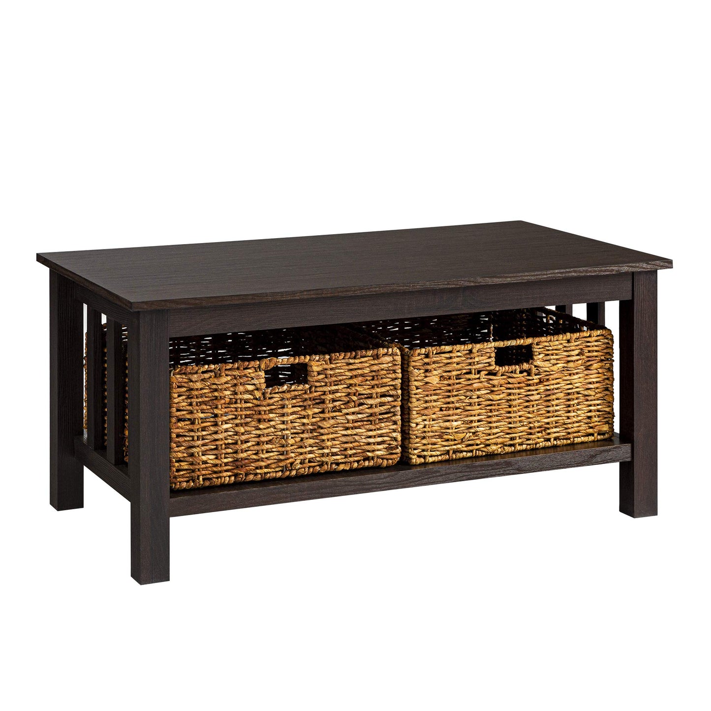 Walker Edison Alayna Mission Style Two Tier Coffee Table with Rattan Storage Baskets, 40 Inch, Espresso - WoodArtSupply