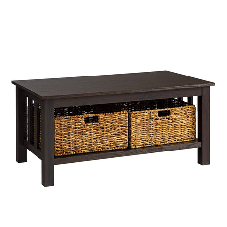 Walker Edison Alayna Mission Style Two Tier Coffee Table with Rattan Storage Baskets, 40 Inch, Espresso Walker Edison