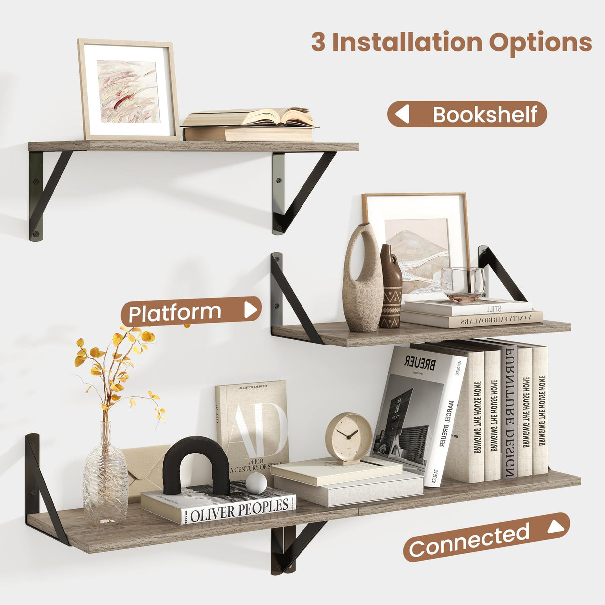 Axeman Floating Shelves for Wall, 16W x 8D Floating Shelves Set of 2, 8 Inch Deep Rustic Grey Wood Wall Mounted Shelves for Farmhouse Bookshelf Living Room Bedroom Axeman