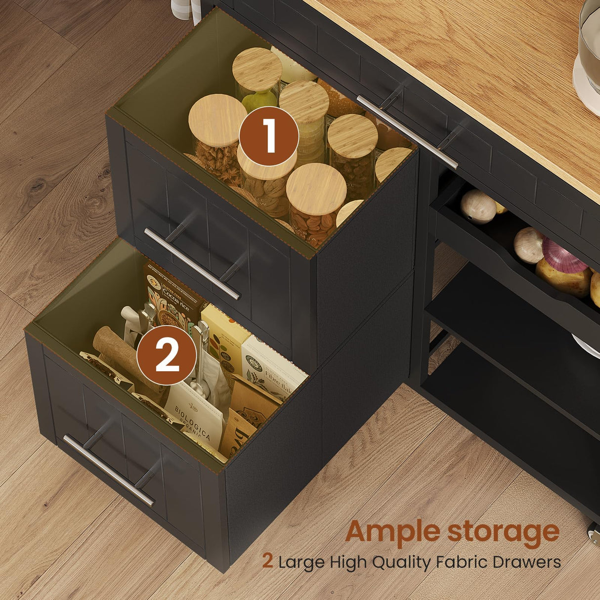 Itaar Kitchen Island with Storage, Rolling Kitchen Island Cart with Shelves and Drawers, Towel Rack, 8 S Hooks, Kitchen Cart on Wheels, for Home, Dining Room, Black Itaar