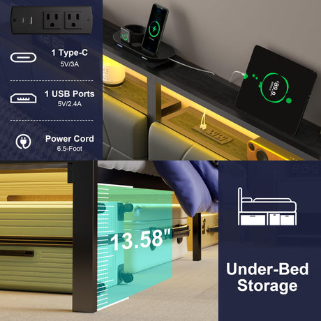 J.Fkne Queen Bed Frame with LED Lights & Charging Station, Metal Platform Bed Frame with 2 Tier Storage Headboard, Under Bed Storage, No Box Spring Needed, Noise Free, Easy Assembly J.Fkne