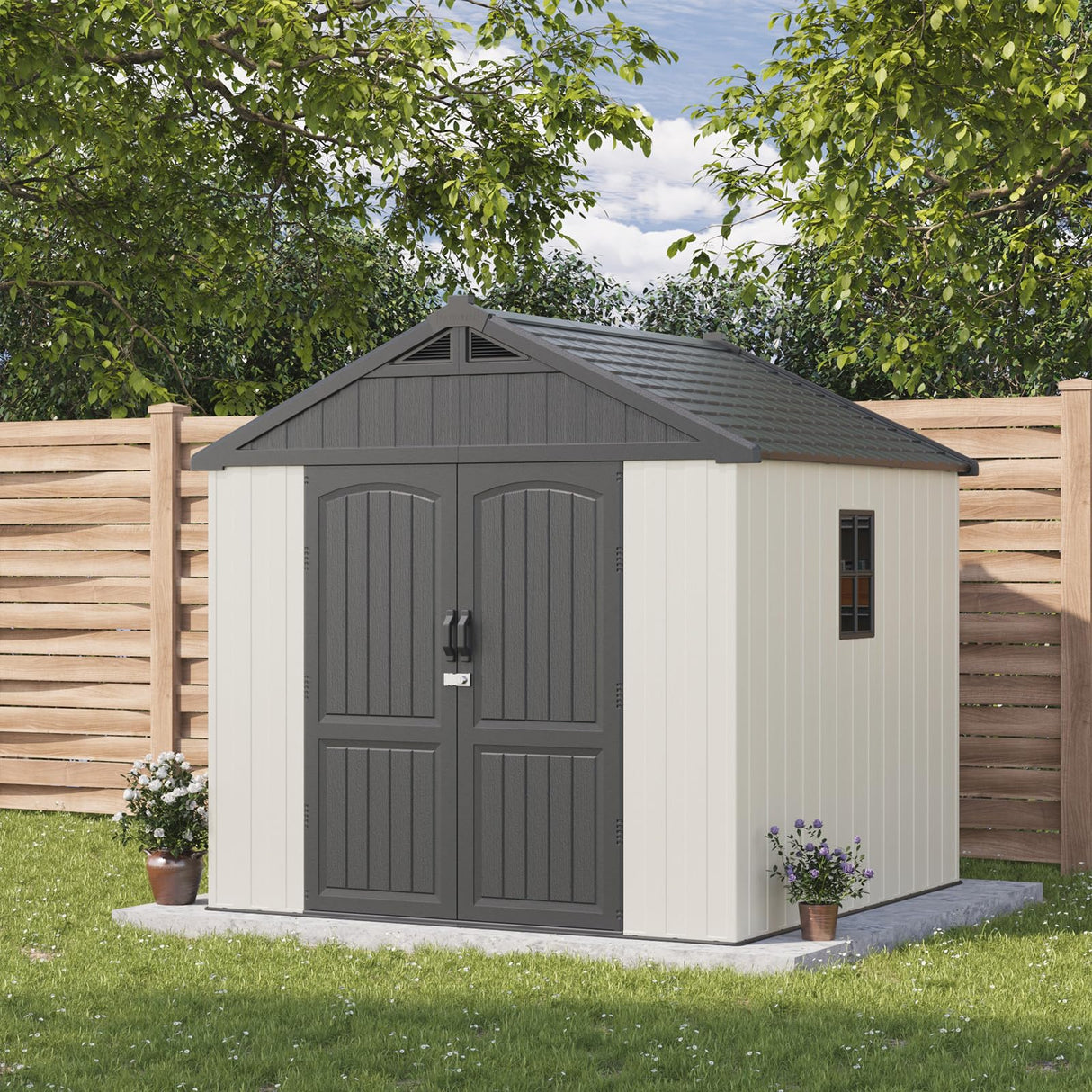 Patiowell 8 x 8 FT Plastic Outdoor Storage Shed with Floor, Resin Shed with Window and Lockable Door for Garden, Backyard, Tool Storage Use, Easy to Install in Beige (Kick-it Shed) Patiowell