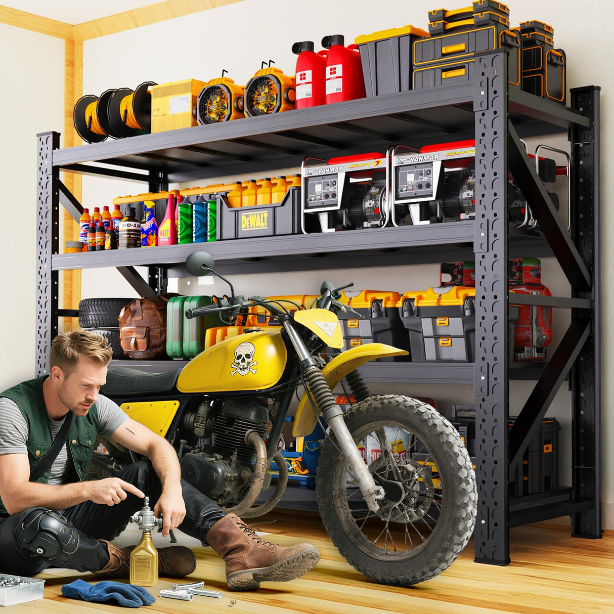 LBVSKK 7000LBS Heavy Duty Garage Shelving Units,70''W Garage Storage Shelves,Large Metal Shelf,4 Tier Adjustable Storage Rack | Industrial Shelving for Warehouse,Basement,Workshop,Shed,Black LBVSKK