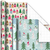Hallmark Cute Recyclable Christmas Wrapping Paper (6 Rolls: 180 Sq. Ft. Total) Red, Blue, Green Plaid, Merry Everything, Colorful Houses, Snowmen and Trees, Dots, Stripes Hallmark