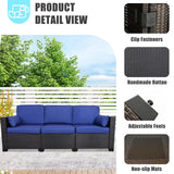 HISUKOY Outdoor Couch Wicker Patio Sofa, 3-Seat Sofa Patio Furniture Couch Outdoor Patio Sofa Seating Furniture for Garden,Backyard,Porch, Black-Blue HISUKOY