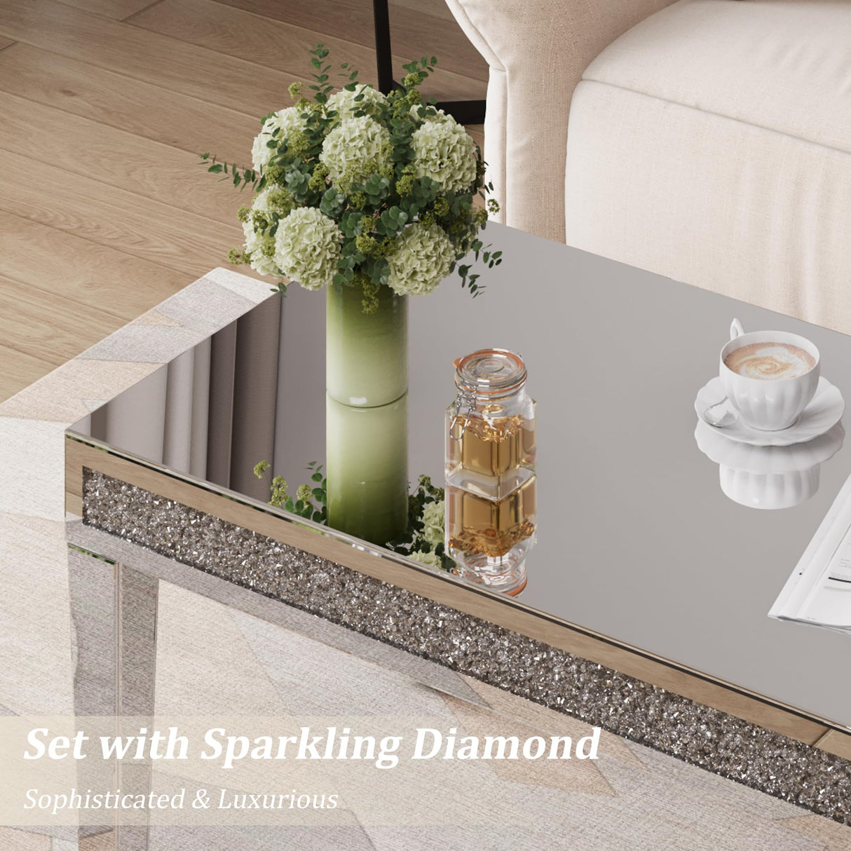 Alohappy Mirrored Coffee Table with Lasagna Light, Glass Rectangle Coffee Tea Table with Crushed Diamond for Living Room, Tempered Glass Silver Coffee Table for Bar, Game Room Decor Alohappy