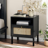 Angel Sar Rattan Night Stand Set 2, Boho Black Nightstands Set of 2, Bedside Table, End Table with Open Storage Space & Metal Legs, Bedroom Night Stand Wood Nightstand Angel Sar